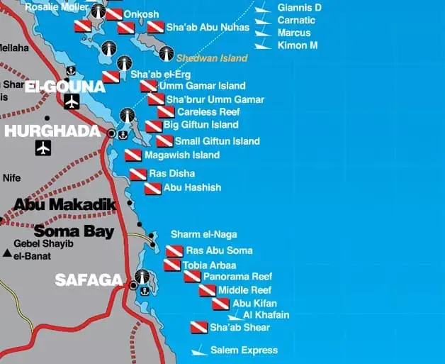 Best Hurghada Dive Sites Map by DiveWiz Diving Center in Hurghada Red Sea Egypt